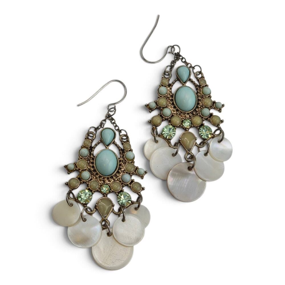Vintage Chandelier Earrings Turquoise Tone Mother of Pearl Dangles